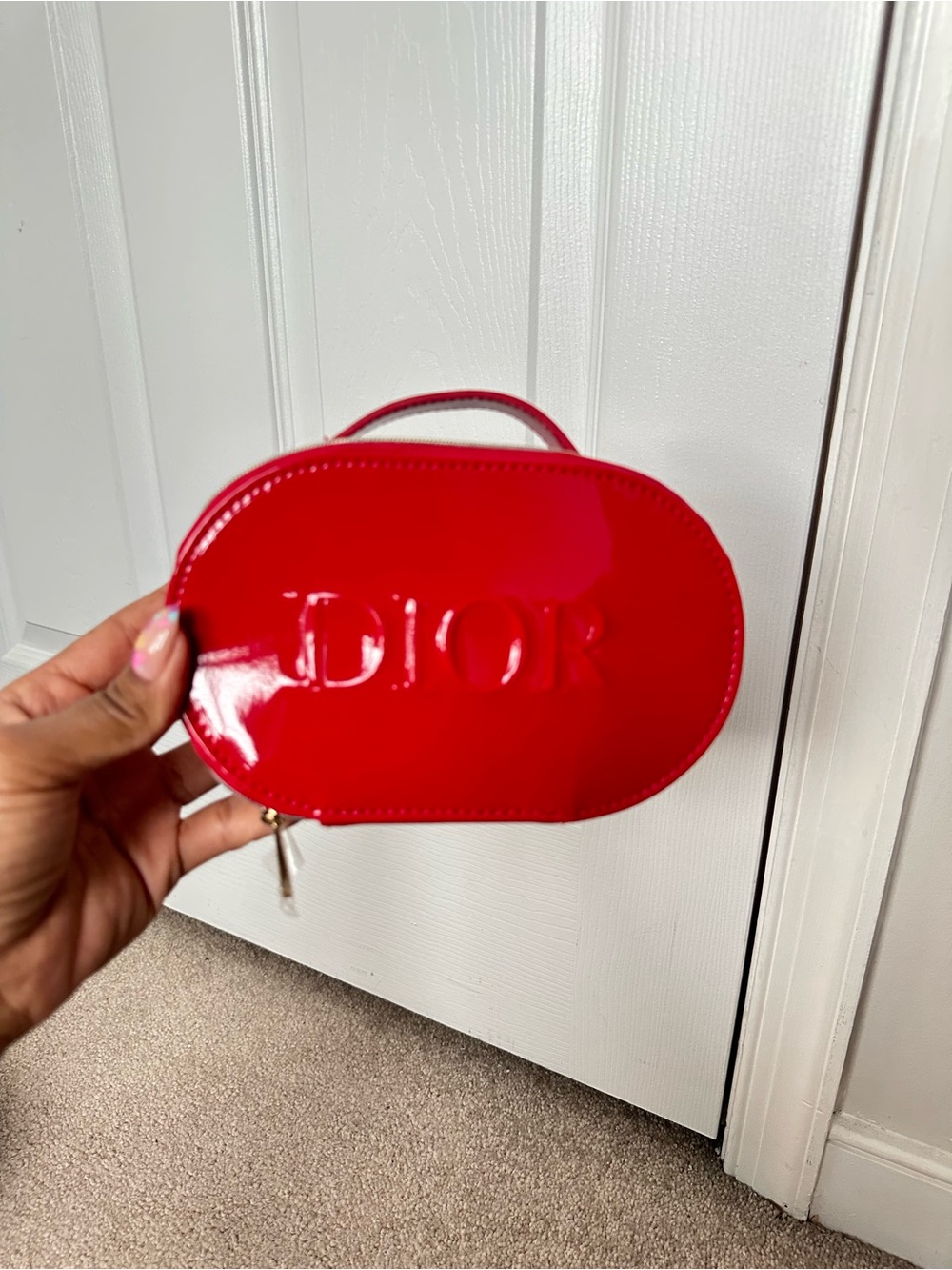 Dior Bright Red Patent Oval Top-Handle Cosmetic Case